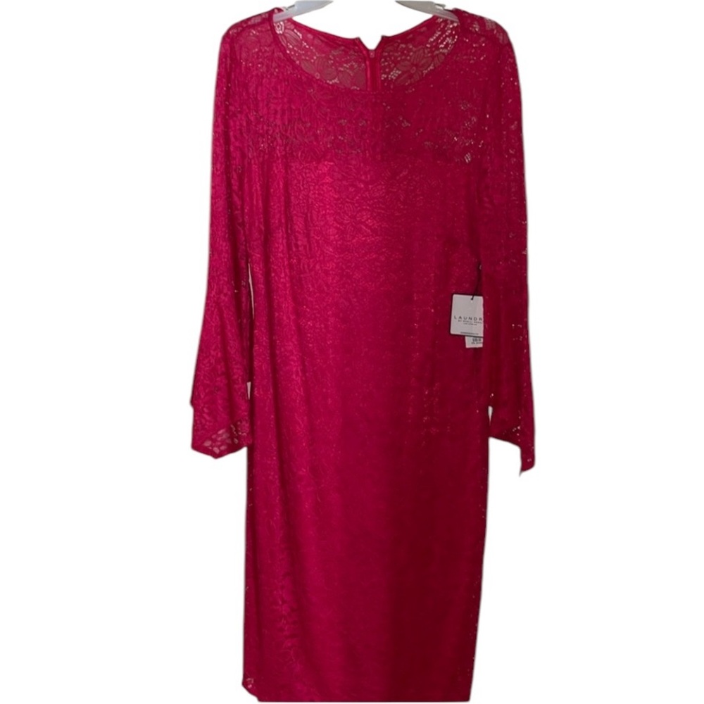 Laundry by Shelli Segal pink lace dress lined long 3/4 bell sleeves size 12